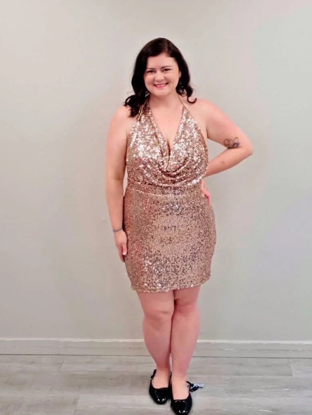 Fashion Nova Gold Sequin Cowl Neck Halter Dress - Size 2X